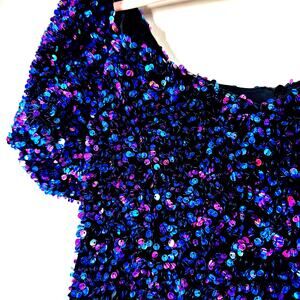 ZARA Blue Purple Sequin Short Sleeve Mini Dress Small